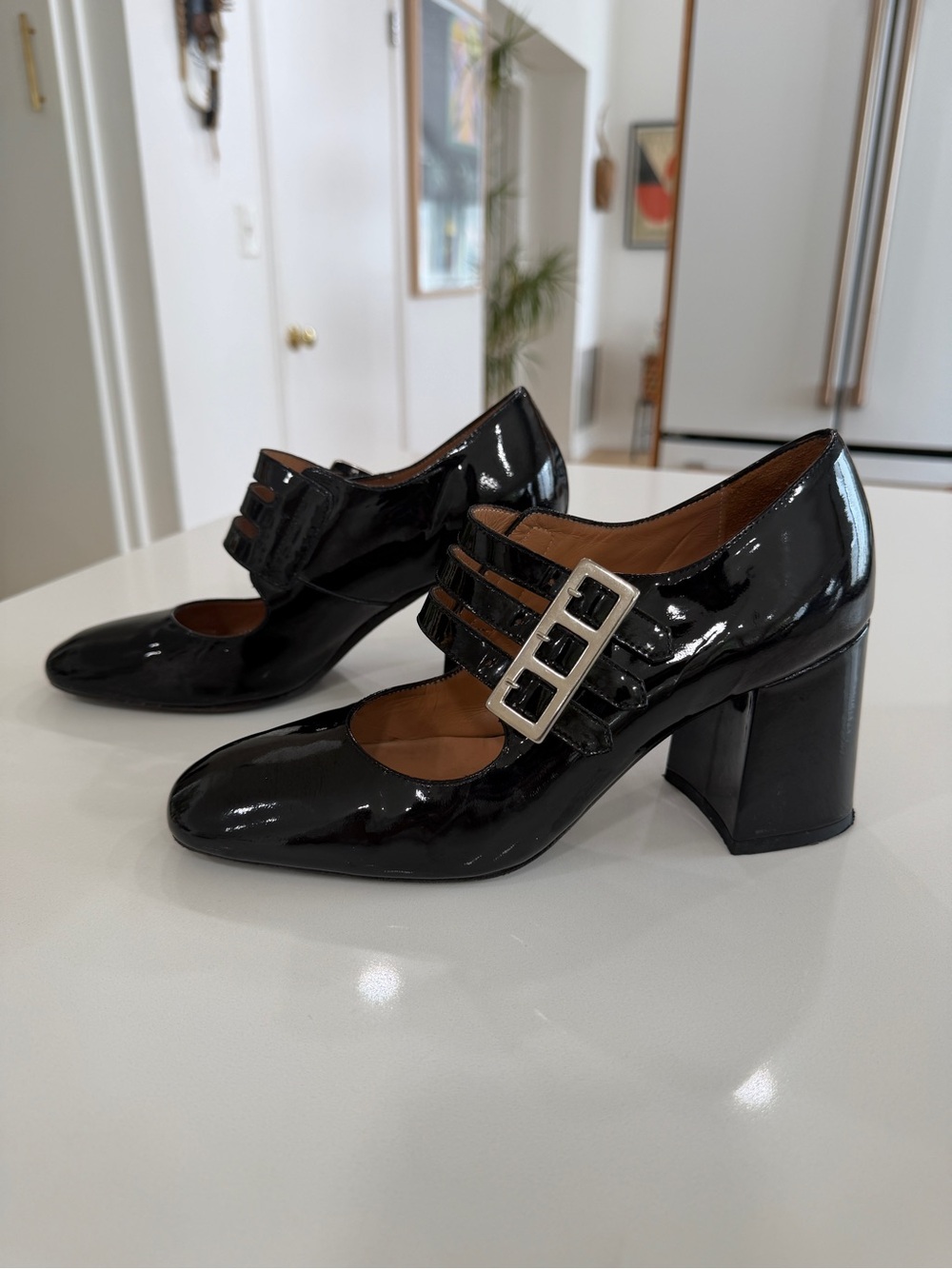 Careless Paris Patent Black Triple-Strap Mary Jane Block Heel Pumps